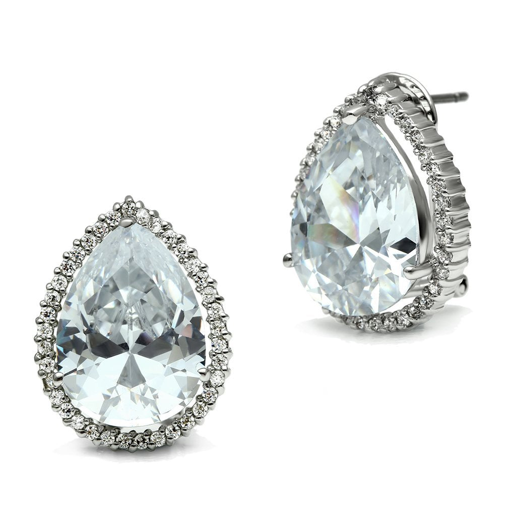 JCE080 Rhodium Brass Earrings with AAA Grade CZ  in Clear