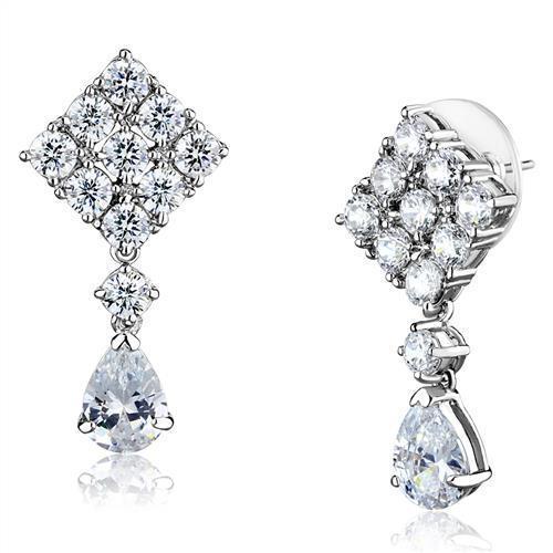JCE1288 Rhodium Brass Earrings with AAA Grade CZ  in Clear