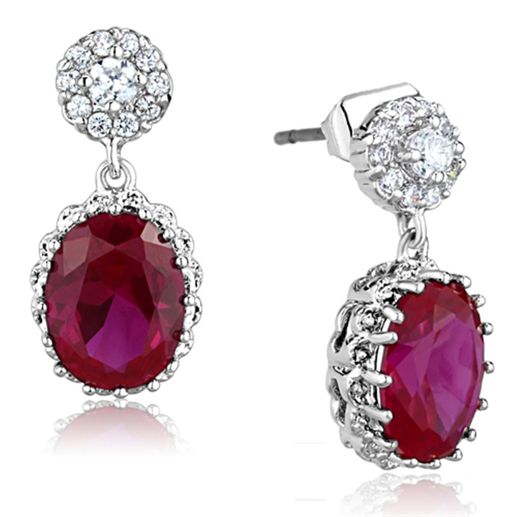 JCE653 Rhodium Brass Earrings with AAA Grade CZ  in Ruby