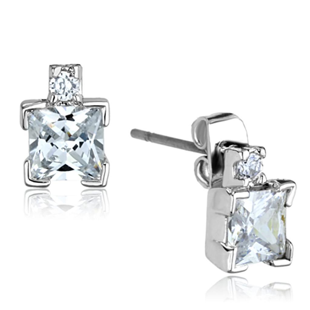 JCE654 Rhodium Brass Earrings with AAA Grade CZ  in Clear