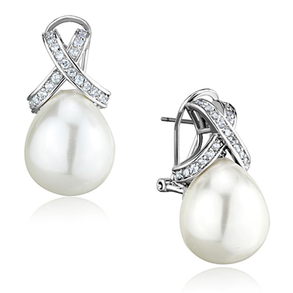 JCE677 Rhodium Brass Earrings with Synthetic Pearl in White