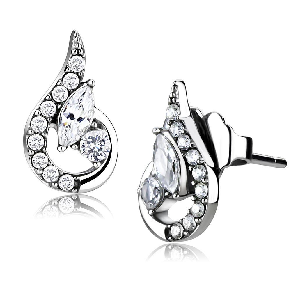 JCE074 High polished (no plating) Stainless Steel Earrings with AAA Grade CZ  in Clear
