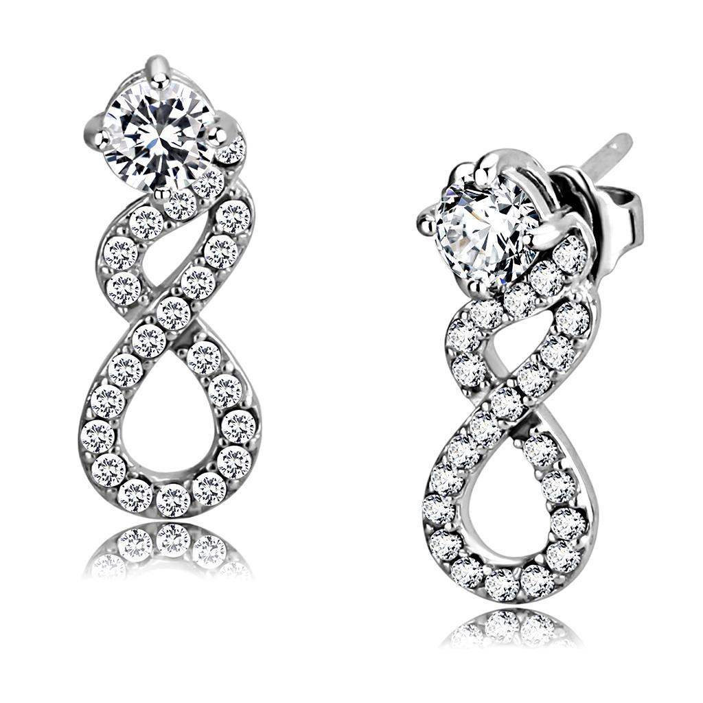 JCE203 High polished (no plating) Stainless Steel Earrings with AAA Grade CZ  in Clear