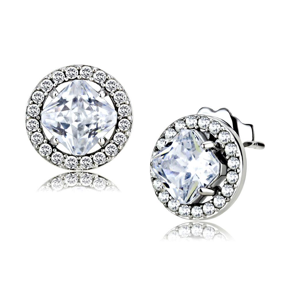 JCE295 High polished (no plating) Stainless Steel Earrings with AAA Grade CZ  in Clear