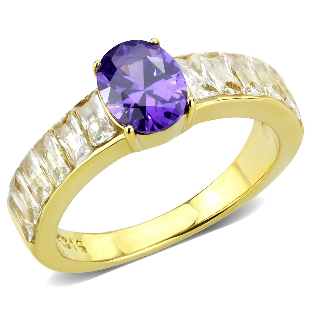 JCE3641 IP Gold(Ion Plating) Stainless Steel Ring with AAA Grade CZ  in Tanzanite