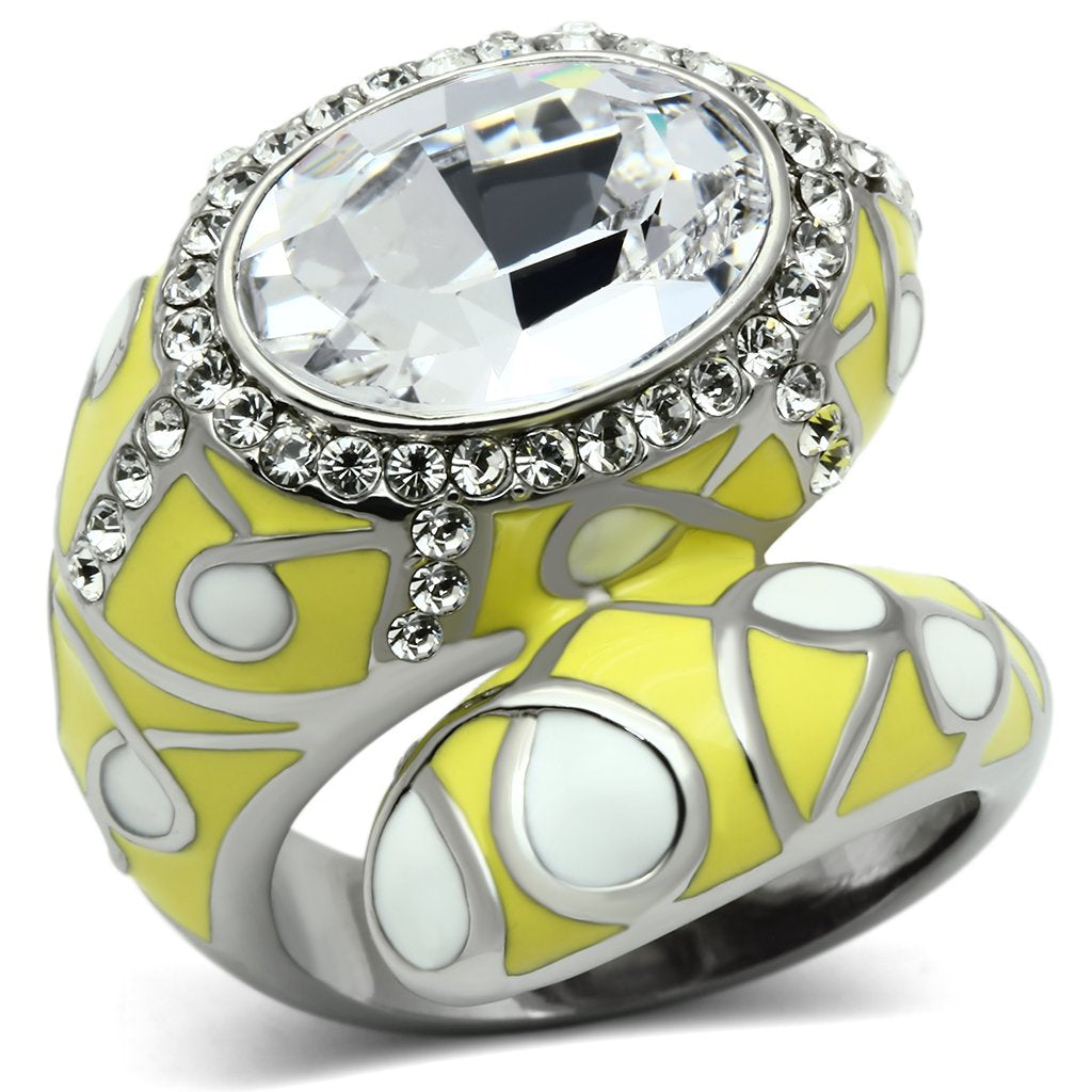 JCE643 High polished (no plating) Stainless Steel Ring with Top Grade Crystal  in Clear