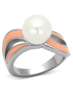 JCE810 High polished (no plating) Stainless Steel Ring with Synthetic Pearl in White